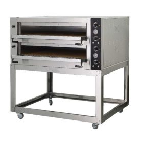   EZP-12L pizzasütő kemence, 2 kamra, 6 + 6 db kapacitás, állvány kerekekre szerelve, elszívó, INOX kivitel, samot herdlapok, PRÉMIUM KAT.