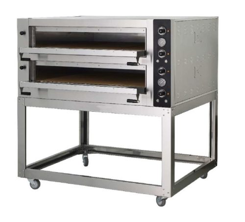 EZP-12L pizzasütő kemence, 2 kamra, 6 + 6 db kapacitás, állvány kerekekre szerelve, elszívó, INOX kivitel, samot herdlapok, PRÉMIUM KAT.