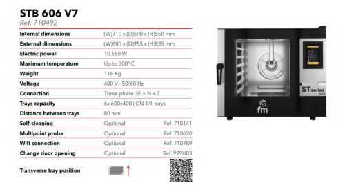 FM INDUSTRIAL STB 606 V7 hőlégkeveréses kemence, 6 db 40x60 cm-es vagy GN1/1 sütőlemezhez, elektromos, gőzöléssel, érintő képernyő